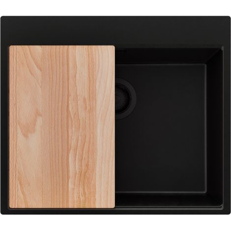 PRIMAGRAN Evier Cuisine en Granit 58x50cm,Lavabo 1 bac + Kit de Vidage + Planche à Découper, Évier à Encastrer au meuble 60cm - Oslo, Tout Noir (1/5)
