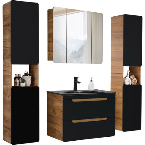 Badmöbel Komplett-Set in seidenmatt anthrazit mit Wotan Eiche Nb., 81 cm Waschtisch-Unterschrank mit Keramik-Waschbecken, LED-Spiegelschrank, 2 Hochschränke, B/H/T ca. 180/200/46 cm (1/5)