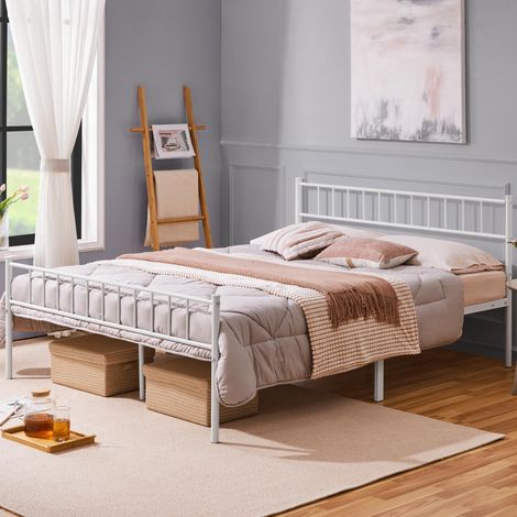 Cadre de lit 160x200 cm Lit Double en Métal pour Adultes Grande Espace en Lattes Blanc (1/5)