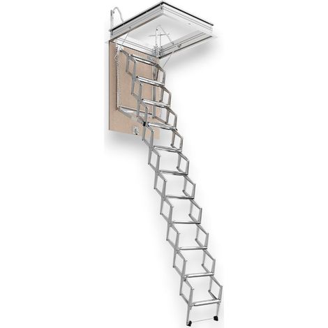 Scala a pantografo retrattile in acciaio con botola in legno 11 gradini H300 cm -
