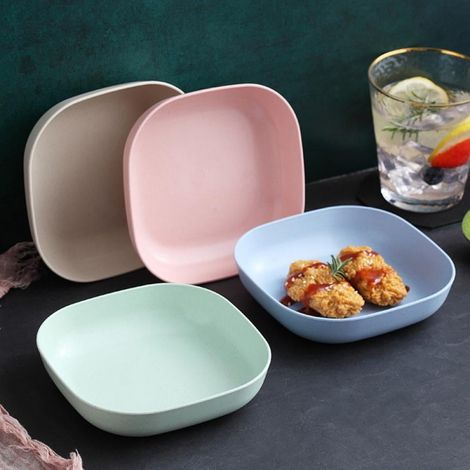 Assiettes Carrées En Paille De Blé - 14,3 cm - Micro-ondes Et Lave-Vaisselle Acceptés - Pour Enfants Et Adultes - Lot De 4 (1/5)