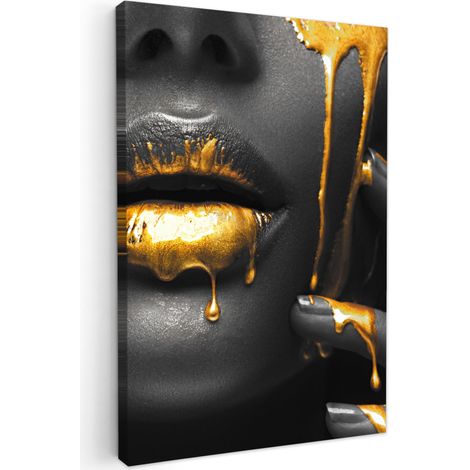 TABLEAU SUR TOILE Femme - Noir - Or - Visage - Lèvres Cadre Décoration Murale 40x60 cm