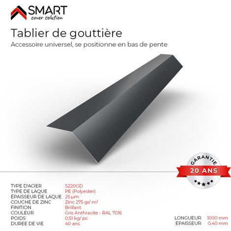 Bravo The Smart Solution – Tablier de gouttière en bac acier – Accessoire de toiture – H12 gris anthracite RAL 7016 – Longueur 1m pour finition étanche (1/2)