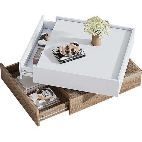 Table basse blanche et noyer avec plateau pivotant à 360 et 2 tiroirs de rangement pour salon, séjour et bureau (1/5)
