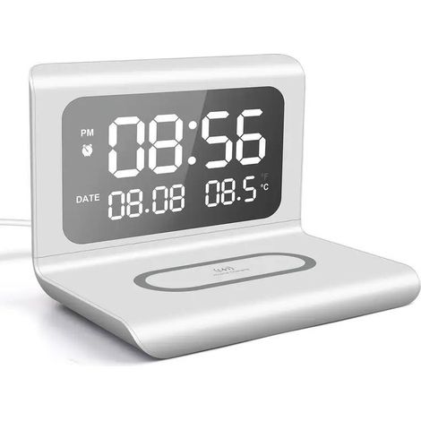 Cargador inalámbrico 3 en 1 Irovami: reloj despertador digital con reloj, termómetro y carga rápida de 15 W, compatible con QC3.0, para oficina y dormitorio. (1/5)