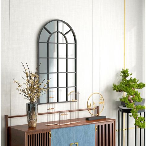 Miroir mural arqué 110x62x2,5 cm en métal noir, moderne pour salon FloraGrace (1/5)