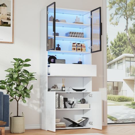 Vitrine haute en verre avec tiroirs, armoires, portes vitrées et LED, blanche, 70x30x200 cm (1/5)