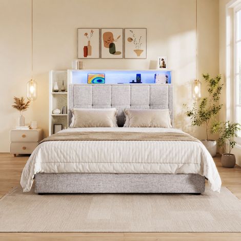 Polsterbett , 90x200 cm, Mit USB Typ-C Ladefunktion,Ohne Matratze, Multifunktionale Aufbewahrung, LED-Beleuchtung, Drucktaste/Appdienung,Leinen, Beige (1/5)