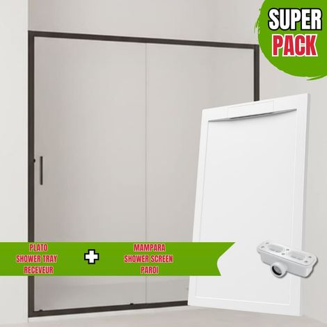 Pack Mampara Ducha Frontal Corredera + Fijo con Perfil inferior / negro mate 170 cm y Plato blanco irrompible ultraligero antideslizante 170x80cm (1/5)