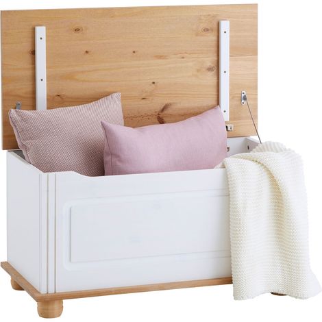 Idimex – Coffre de rangement en pin massif lasuré blanc et brun – Dimensions 76,5 x 35,5 x 37,5 cm – Façade avec moulures décoratives
