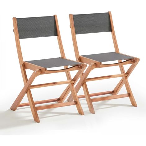 Lot de 2 chaises pliantes en bois d'eucalyptus et textilène noir (1/5)