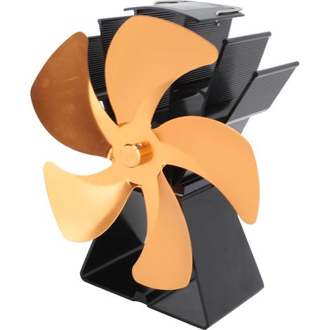 Ventilateur pour poêle à bois, 5 pales, base trapézoïdale verticale, ventilation thermique portable, couleur or, idéal pour la maison et le camping. (1/5)