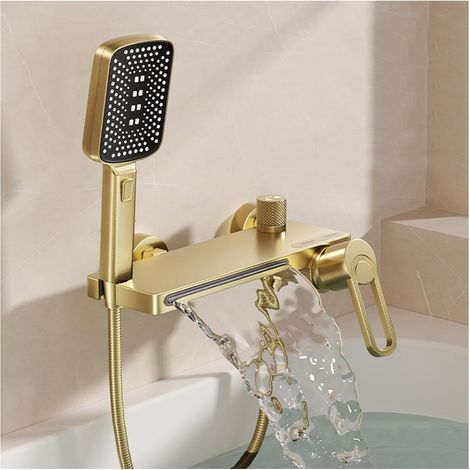 Robinet de Baignoire avec Douchette, Mitigeur Baignoire Cascade Doré (1/5)