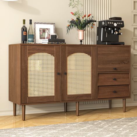 Buffet bois 130x40x75,5 cm avec 2 tiroirs et 2 portes de rangement, buffet naturel avec étagères pratiques, gain de place