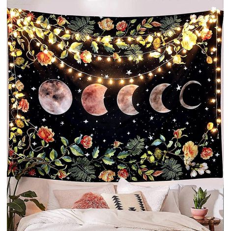 Wandteppich mit Mondmotiv, Wanddekoration im Bohème-Stil, Blumenteppich im Mondlicht