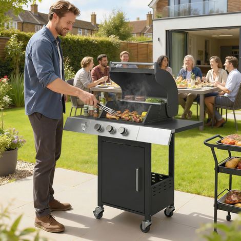 Barbecue gaz 3 brûleurs 8,1kW thermomètre grills tables chevet armoire roues 109x50x109cm, noir (1/4)