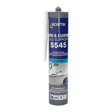 Bostik S545 – Mastic Silicone Bain et Cuisine – Jointe Tous Matériaux – Traité Anti-Moisissures – Conservation Longue Durée – Couleur : Transparent – Cartouche 300 ml