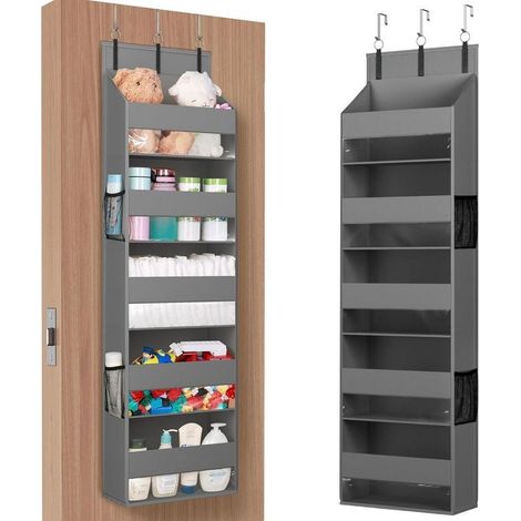 Eckregal für Kleiderschrank – zur Befestigung hinter der Tür – Hängeregal – fünf Ebenen – seitliche Netztaschen – geeignet für Bad und Schlafzimmer – grau – 140 cm (1/5)