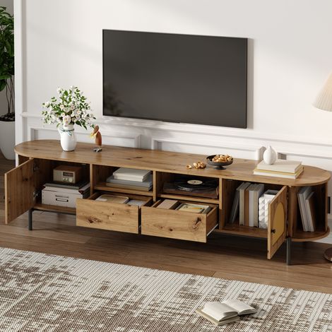 Mobile TV ovale da 200 cm con inserti in rattan, ante e cassetti scorrevoli, in MDF effetto legno naturale (1/5)