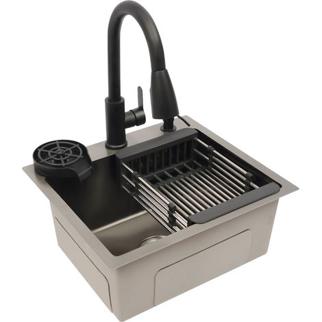 Évier De Cuisine Gris 1 Bac En Acier Inoxydable 201, Avec Robinet Extractible 360°, Rince-verre, Distributeur De Savon Et Panier Égouttoir (45 x 40 cm) (1/5)