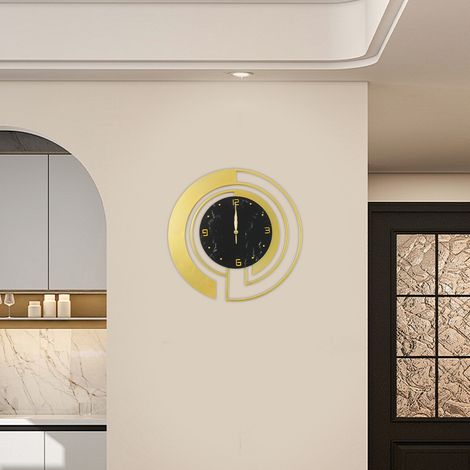 Horloge murale ronde moderne, horloge murale décorative en métal - dorée et noire, diamètre 45cm (1/5)