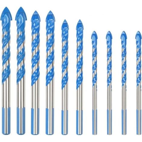 Forets multi-matériaux 10 pcs pour carrelage, verre, porcelaine, marbre, miroir et bois - Diamètres 6mm/8mm/10mm/12mm - Format triangle pour forage métalliques - OUYLAF (1/5)