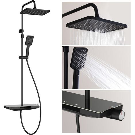 Aihom – Colonne de douche thermostatique noire – Mitigeur 38°C – Installation sans perçage – Étagère en verre trempé – Douche de tête effet pluie