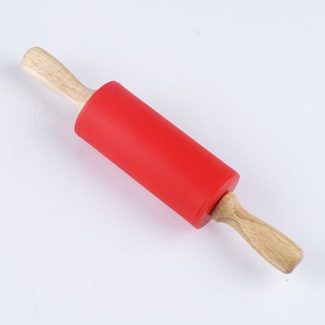 Mattarello antiscivolo (rosso), con superficie antiaderente rivestita in silicone, in legno. (1/5)