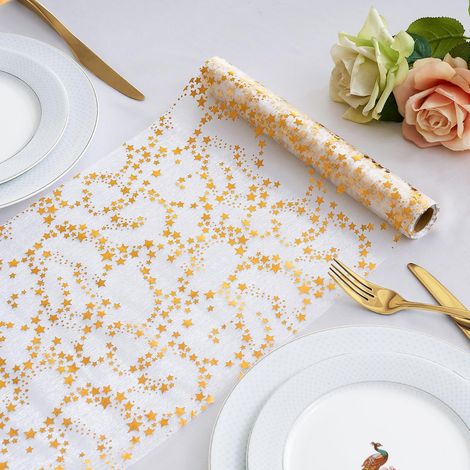 Chemin de Table de Noël Blanc avec Étoile Scintillante en Feuille d'or,Décoration de Table en Maille Fine, Chemin de Table de Mariage pour Fête d'anniversaire, Décoration de Boîte de Vase 28 x 275 cm (1/5)