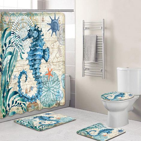 4 rideaux de douche imprimés 3D, polyester imperméable, serviette et 2 tapis de bain, ensemble complet salle de bain (1/5)