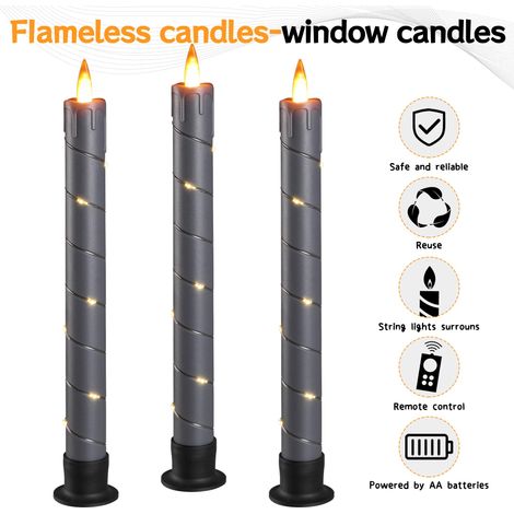 Set di 3 candele a cono tremolanti, senza fiamma, a batteria, con telecomando e display LED dinamico 3D - 24 cm - Per matrimoni, feste e decorazioni per la casa - Grigio (1/4)