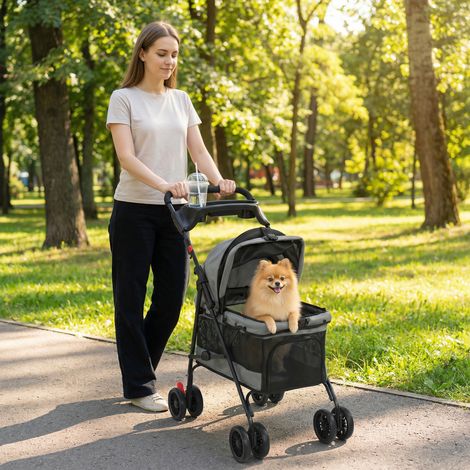 Poussette pliable pour chien, 4 roues en EVA, fenêtre en filet, laisse de sécurité, coussin amovible, 73 x 50 x 96 cm, grise (1/5)
