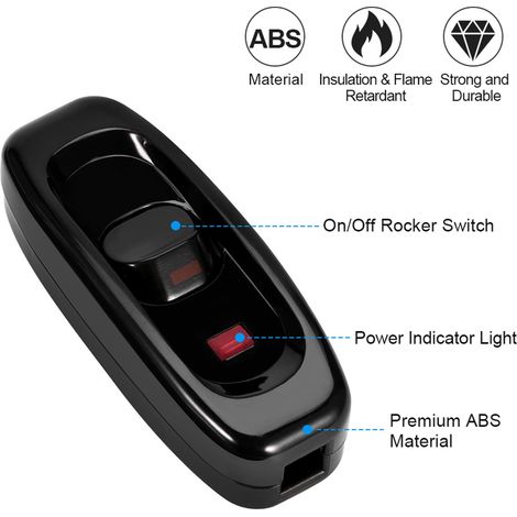 Lot de 1 Interrupteurs de Cordons En Ligne, interrupteur lampe de chevet, Interrupteur À Bascule, Intermédiaire ON/OFF, AC 250 V 10 A pour table de bureau, avec indicateur LED (noir) (1/5)