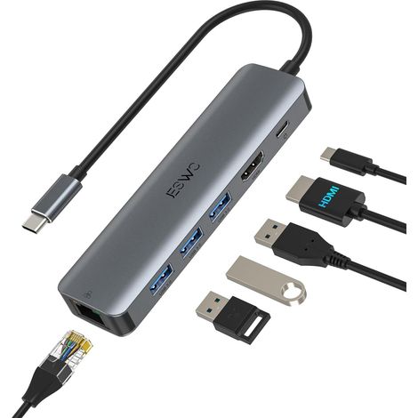 6 en 1 Hub/Adaptateur USB C avec RJ45 Ethernet, 4K HDMI, 100W PD,3 Port USB 3.0, Type C Adaptateur Multiport pour Thunderbolt 3 Laptop MacBook Air/Pro, iPad Pro M1/M2, Mac Min (1/5)