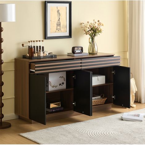 REDOM - Credenza - 150x40x85 cm - 2 cassetti e 4 ante - ripiani regolabili - MDF - nero e marrone