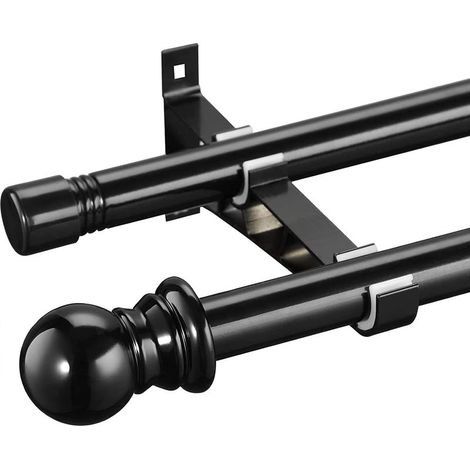 Tringle à rideaux double extensible en métal pour rideaux à œillets, occultants, voilages - Noir - 76-332 cm (1/5)