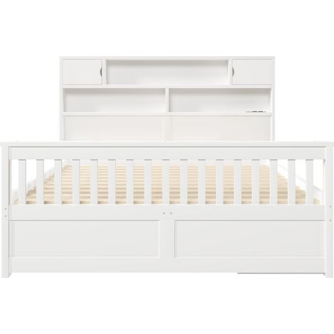 Cama plataforma 160 x 200 cm blanca con almacenaje, LED, USB y 4 cajones HOMVRA (1/5)
