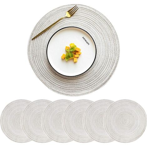 Sets de table ronds de 38 cm (15 pouces) pour salle à manger, sets de table dorés, lot de 6, lavables, sets de table de mariage, sets de table ronds, sets de table en vinyle métallisé, antidérapants (1/5)
