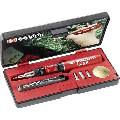 Facom – Fer à souder à gaz rechargeable 10 ml – Température de panne réglable 250°C à 550°C – Allumage piézoélectrique – 4 pannes interchangeables