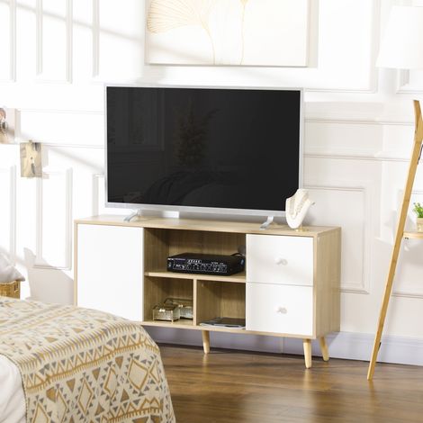 Mobile porta TV per televisori fino a 45 pollici, gambe in legno massello, stile scandinavo, 3 ripiani, 1 armadietto, 120 x 30 x 60 cm