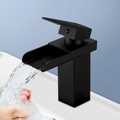 Robinet cascade salle bain noir mat - Lave main mono commande - Valve céramique - Laiton design concave - Moderne Lumiryn (1/5)