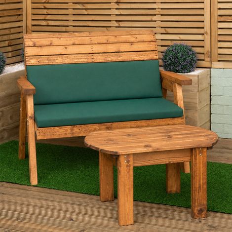 2 Seater Wooden Garden Furniture Bench With Coffee Table & Green Cushions (1/5)