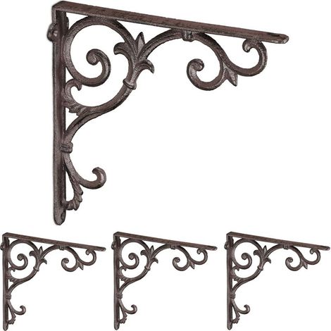 Relaxdays Lot de 4 équerres pour étagères, en fonte, design rustique, H x L x P : 24,5 x 4 x 24,5 cm chacune, marron (1/3)