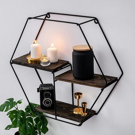 Étagère noire décorative hexagone décor bois foncé JENA