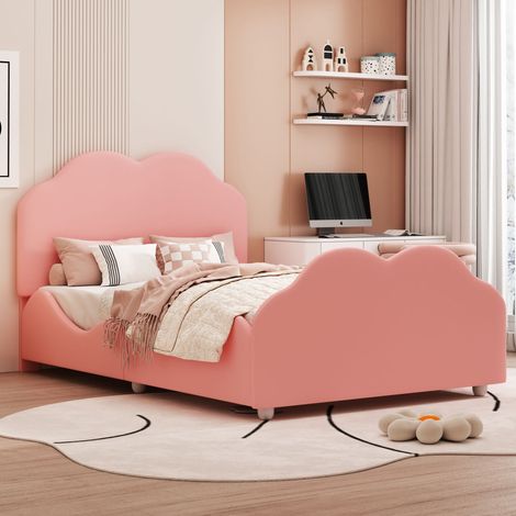 Lit simple en velours rose 90x200 cm avec tête et pied de lit nuage, barrière haute sécurisée pour enfant. (1/4)