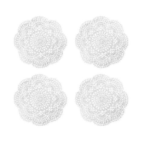 Set di 4 tovaglie rotonde all'uncinetto (diametro 22 cm) con bordo in pizzo, tovagliette e sottobicchieri fatti a mano in cotone, bianco, js (1/2)