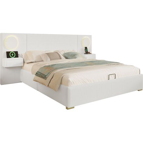 Lit 180x200 cm en velours beige avec tête de lit LED, ports USB et coffre hydraulique, design moderne pour chambre élégante - CHICFURN (1/5)