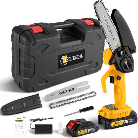 Tronçonneuse à batterie 6 pouces 21V 2.0Ah – Avec boîte en plastique – Installation facile – Autolubrifiante pour jardin et patio – CONENTOOL - 1 batteries 1 chaînes (1/5)