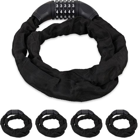 Relaxdays Set of 5 Combination Locks For Bikes, 5 Digit Code & Chain, Bicycle Security, Steel, Black