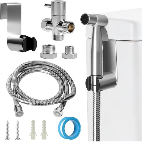 Kit de Douchette de Bidet en Acier Inoxydable, Kit Douchette WC avec Vanne 3 Voies (1/2"-3/8"), Pulvérisateur de Bidet à Main pour Hygiène Personnelle Animauxet Nettoyage Des Couches (1/5)